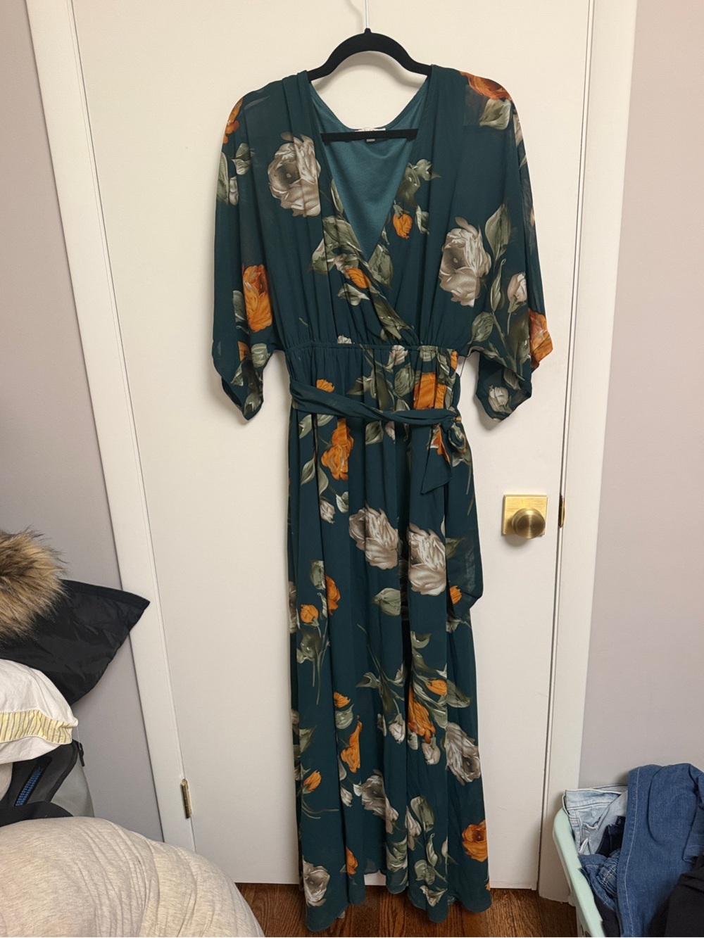 Teal Floral Maxi Wrap Dress with Belt